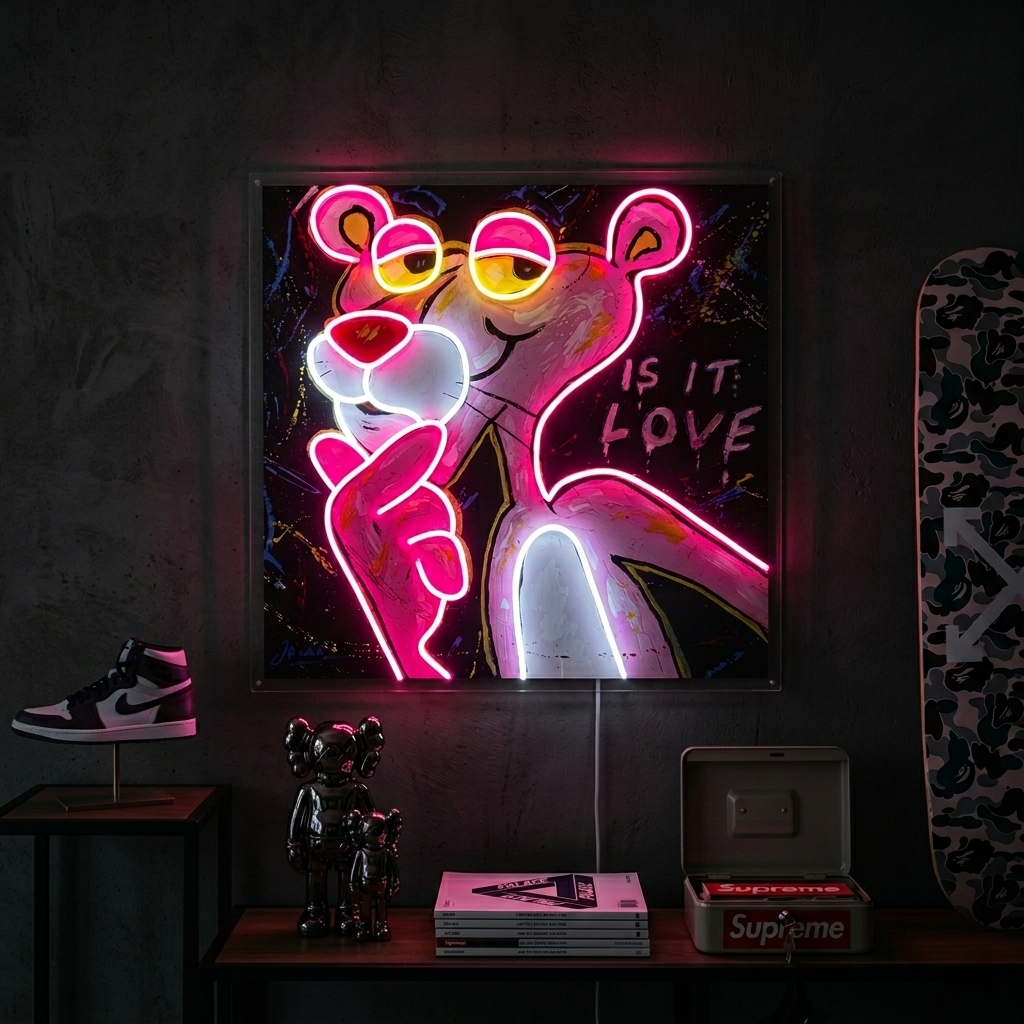 "Pink Think Panther, ist es Liebe" UV-bedruckt LED-Neonschild