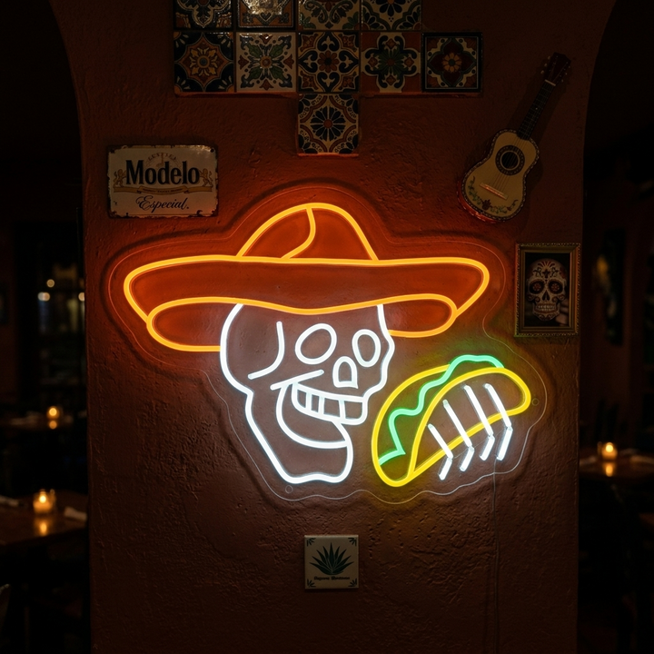 "Schädel mit Tacos" Neonschild