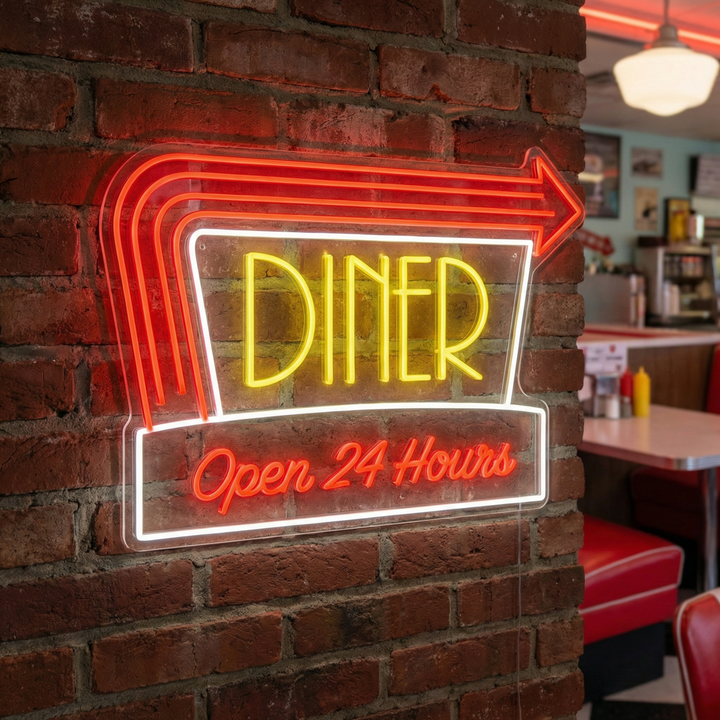 "Diner Open 24 Hours" Neonschild, Diner Leuchtreklame