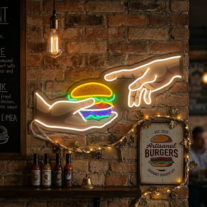 "Hände mit Burger" Neonschild