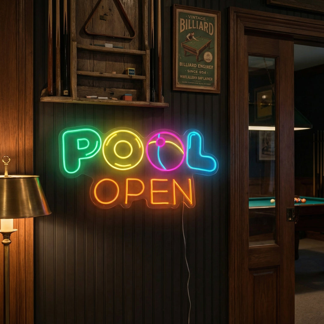 "POOL OPEN" Neonschild, Pool Neonschrift, Pool Leuchtreklame, Pool Leuchtschild