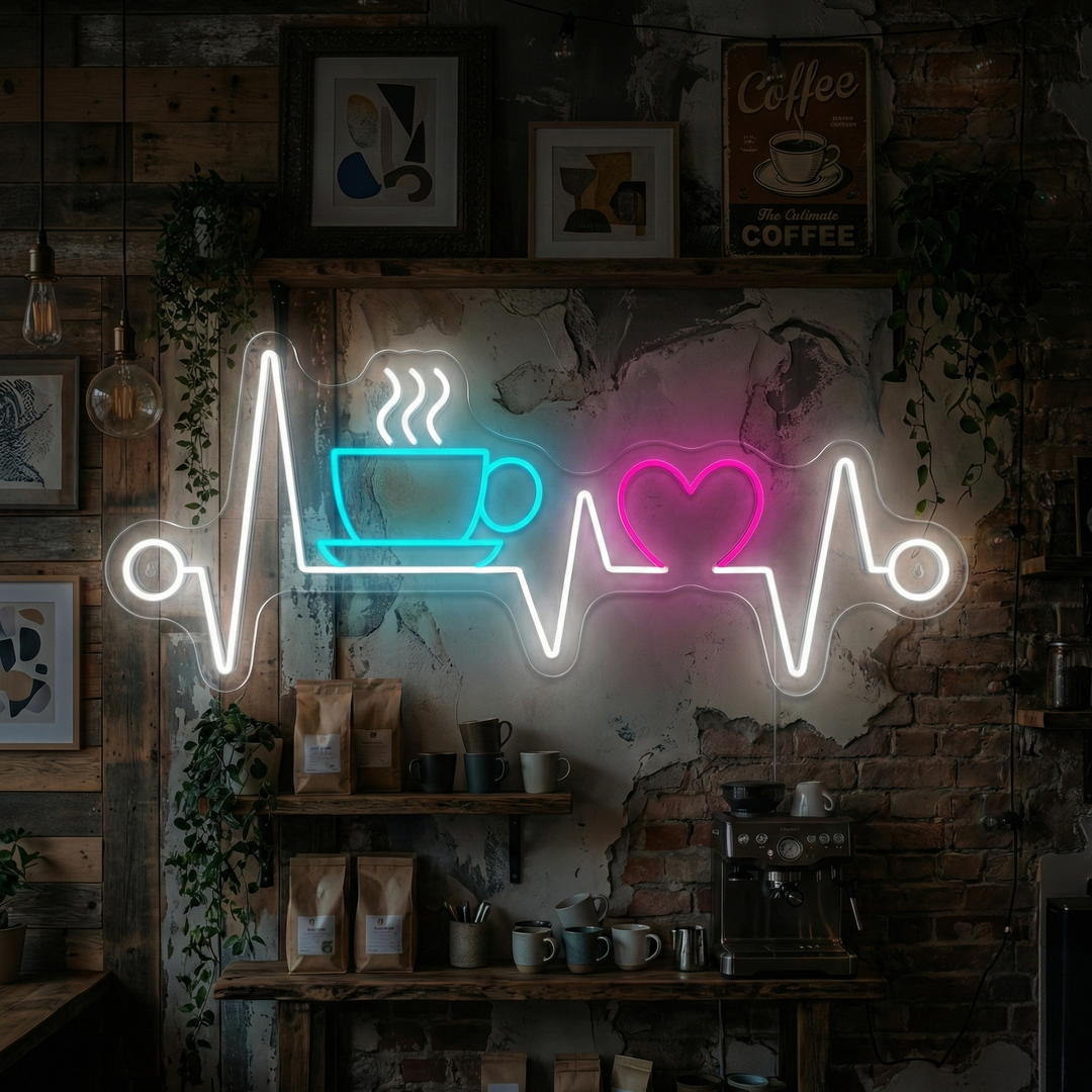 "Herzklopfen mit Kaffee" Neonschild