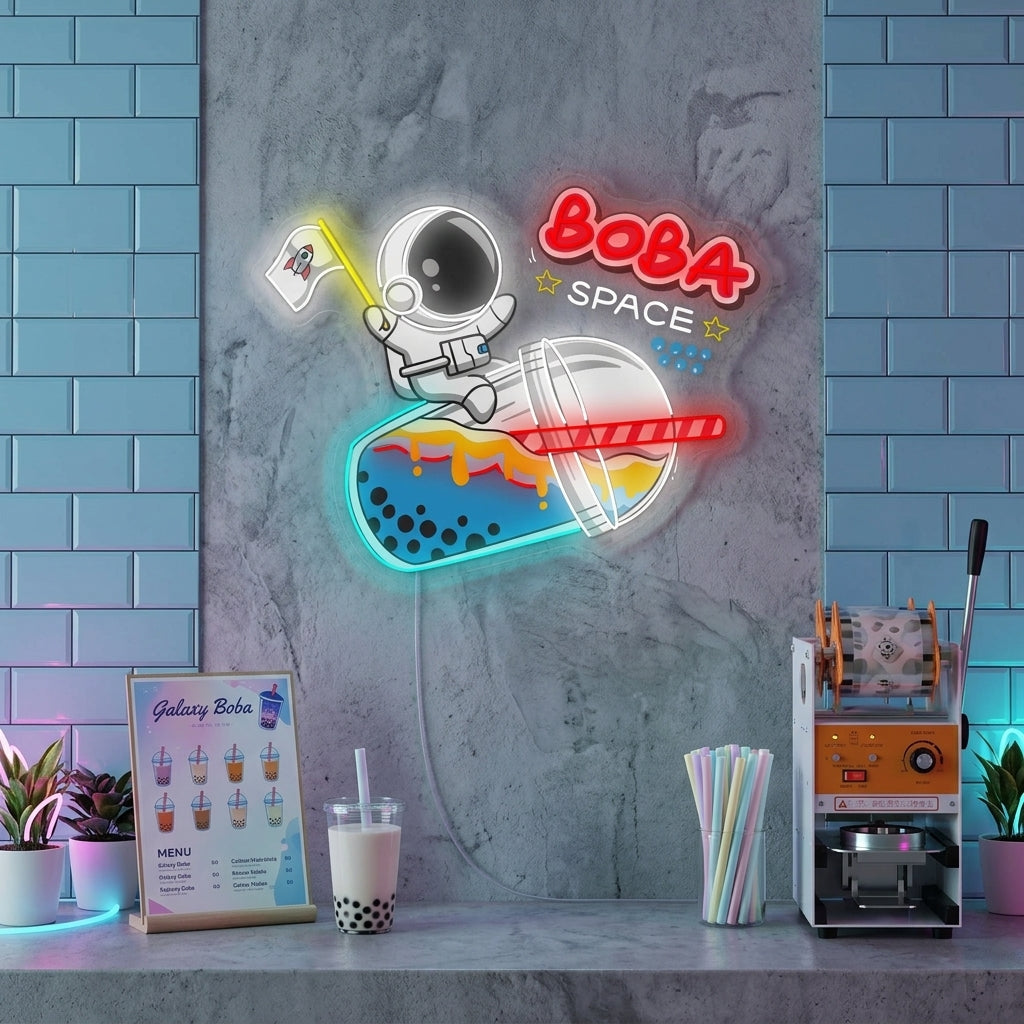 "Astronaut nippt an Boba-Tee" Neonschild