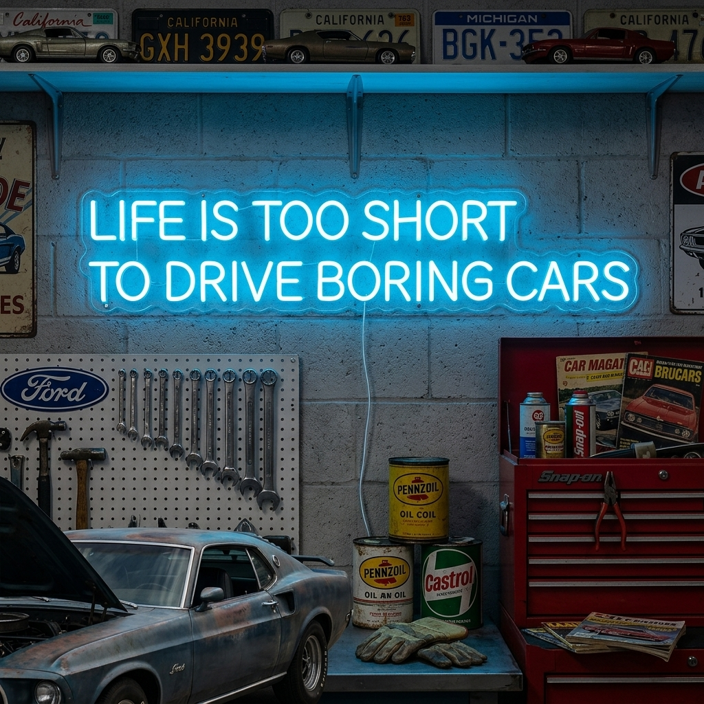 "Life Is Too Short To Drive Boring Cars" Neonschild