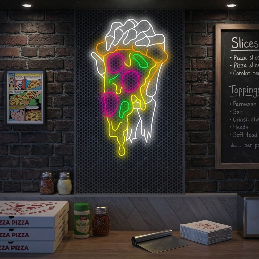 "Skeletthand hält Pizza" Neonschild