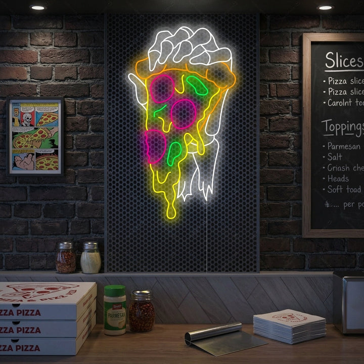 "Skeletthand hält Pizza" Neonschild