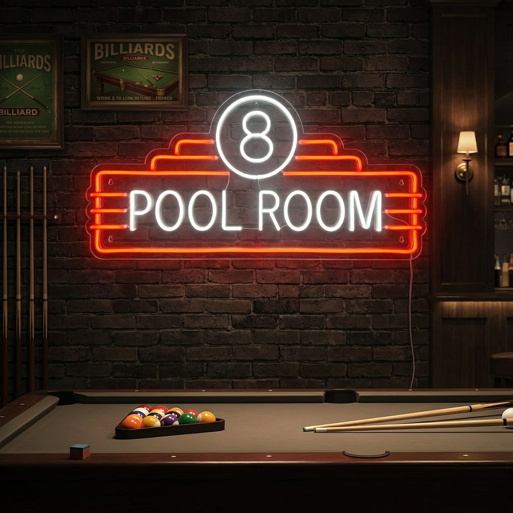 "8 Pool Room" Neonschrift, Pool Neonschrift, Pool Leuchtreklame, Pool Leuchtschild
