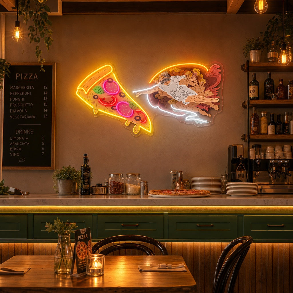 "Adam Gott machte Pizza, Fast -Food -Werbung, Restaurantlogo" UV-bedruckt LED-Neonschild