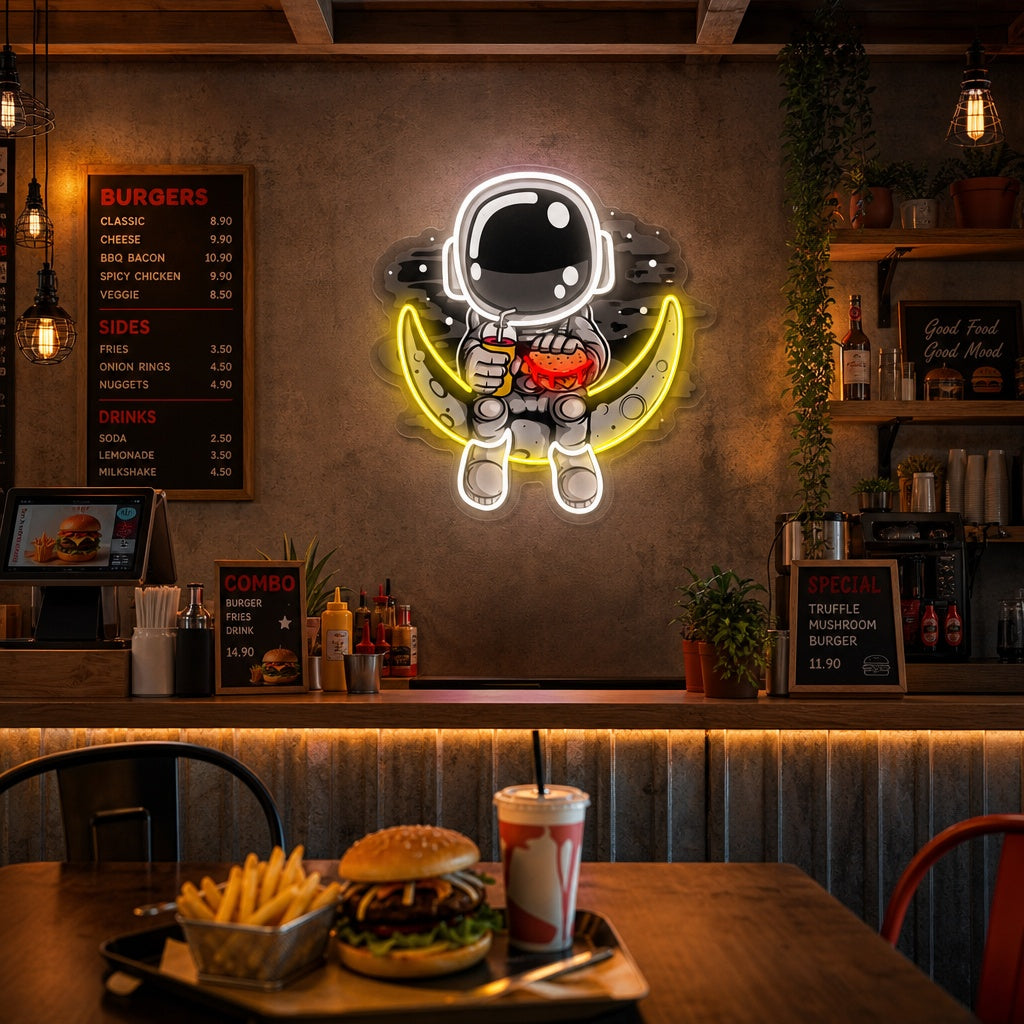 "Astronaut Moon Burger, Fast -Food -Logo" UV-bedruckt LED-Neonschild