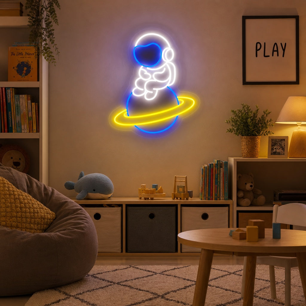 "Astronaut Raumfahrer Sitzt Auf Planet" Neonschrift