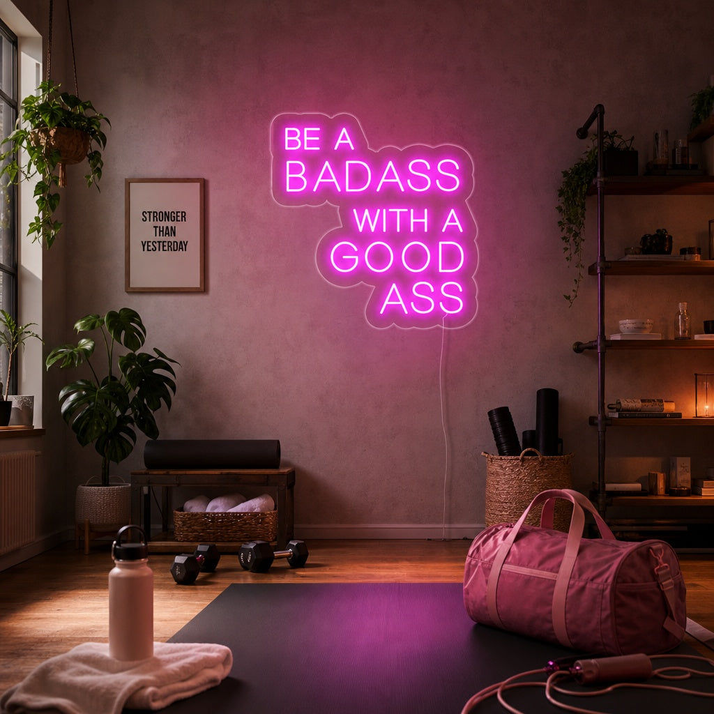 "Be A Bad Ass With A Good Ass, Fitnessstudio Dekoration, Fitnessstudio Zitate, Fitness Zitate, Workout Zitate" Neonschrift