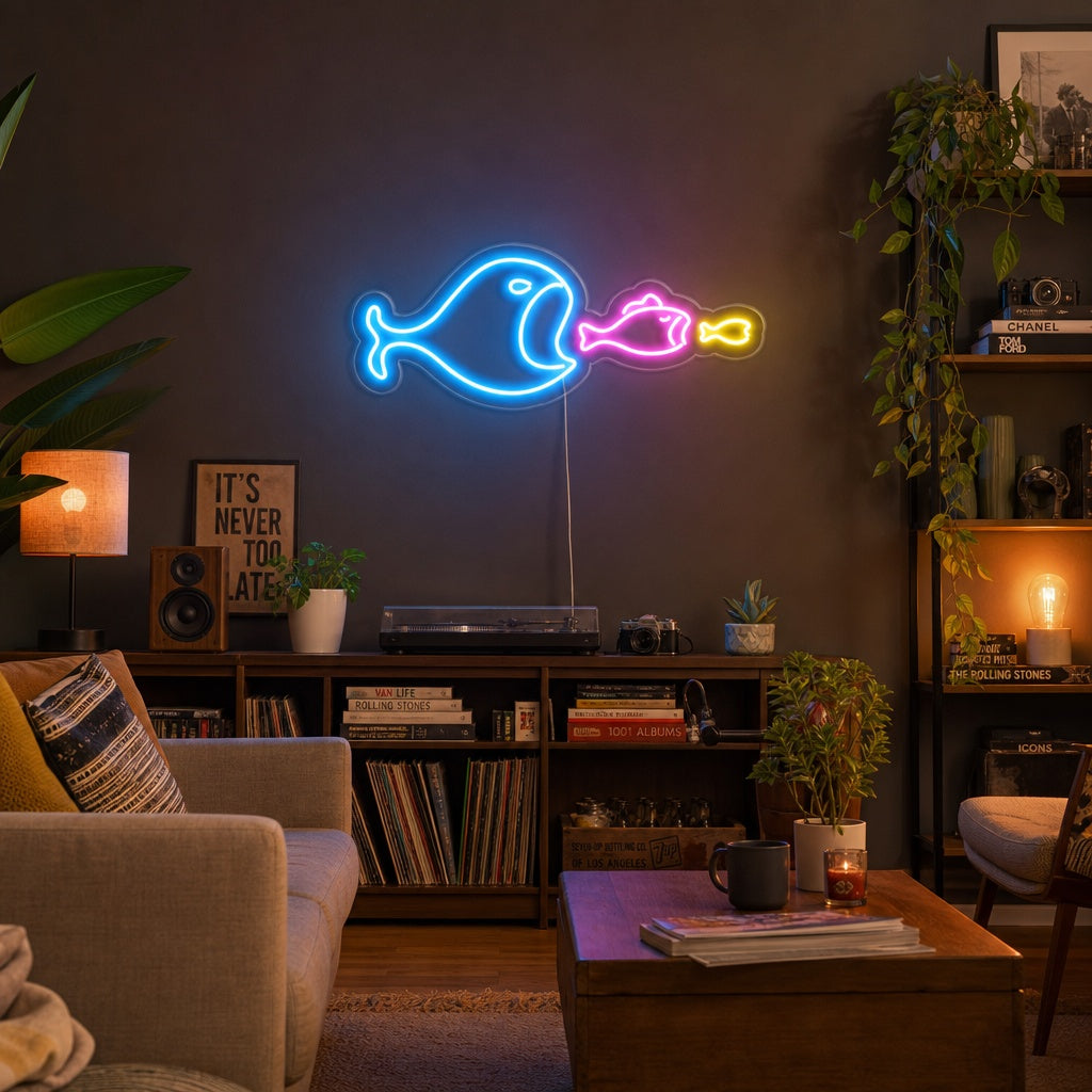 "Große Fische Fressen Kleine Fische" Neonschrift