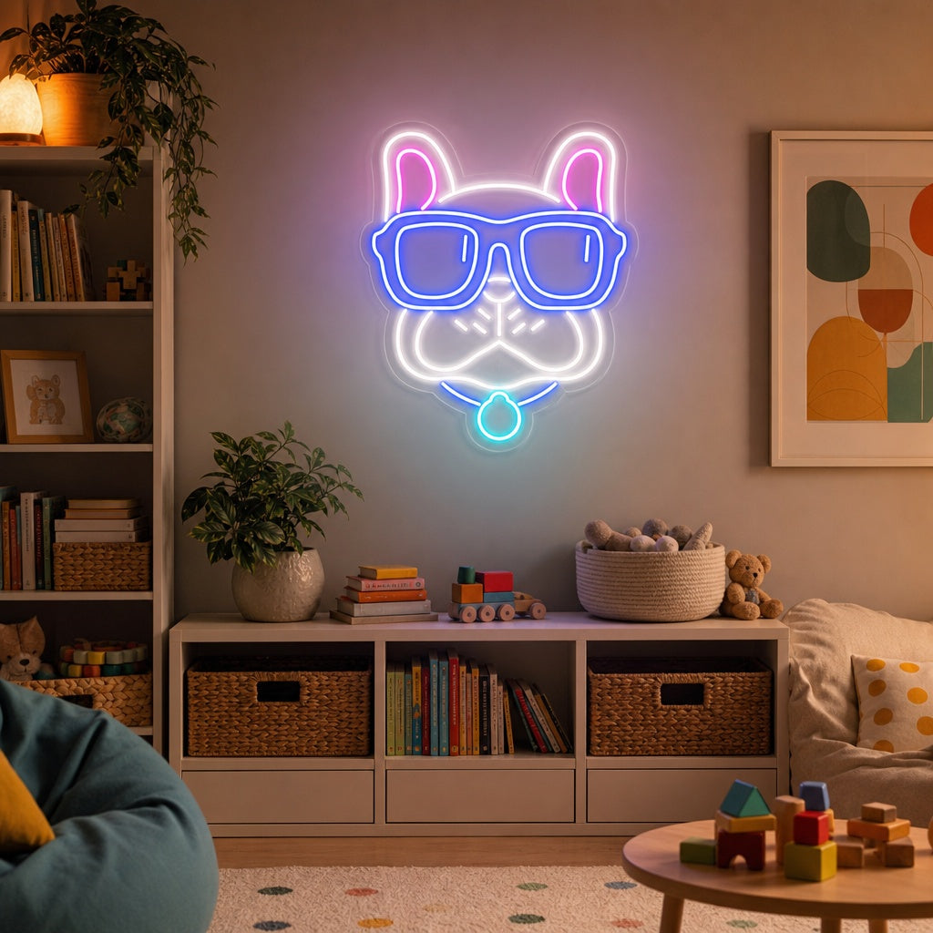 "Bulldogge, Brille" Neonschrift