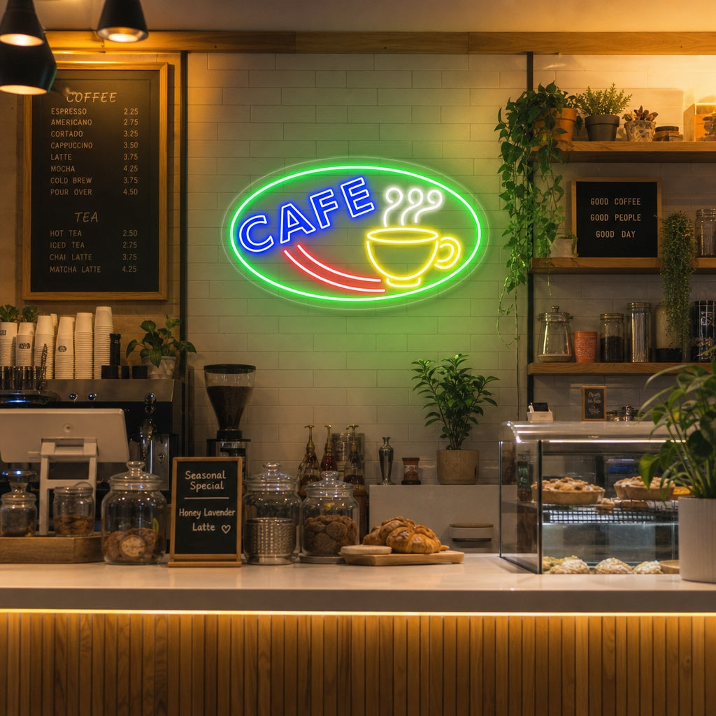 "cooffee, Kaffeetasse" Neonschrift