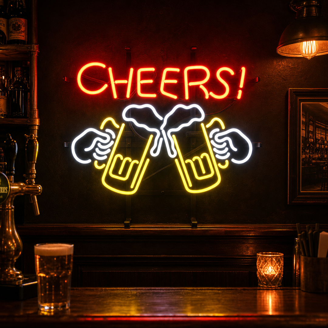 "Cheers, Bier" Neonschrift