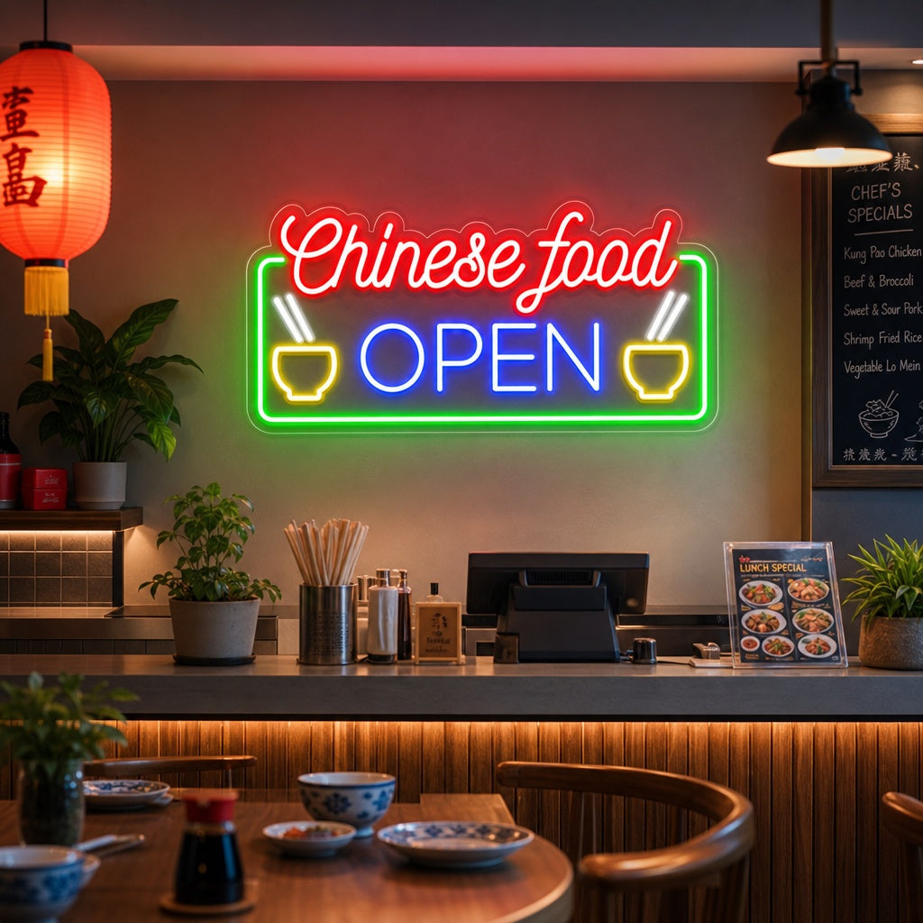"Chinese Food Open" Neonschrift