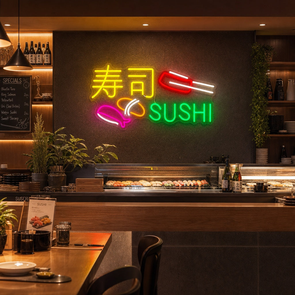 Sushi und Sashimi Neonschild, Japanische Restaurantdekoration