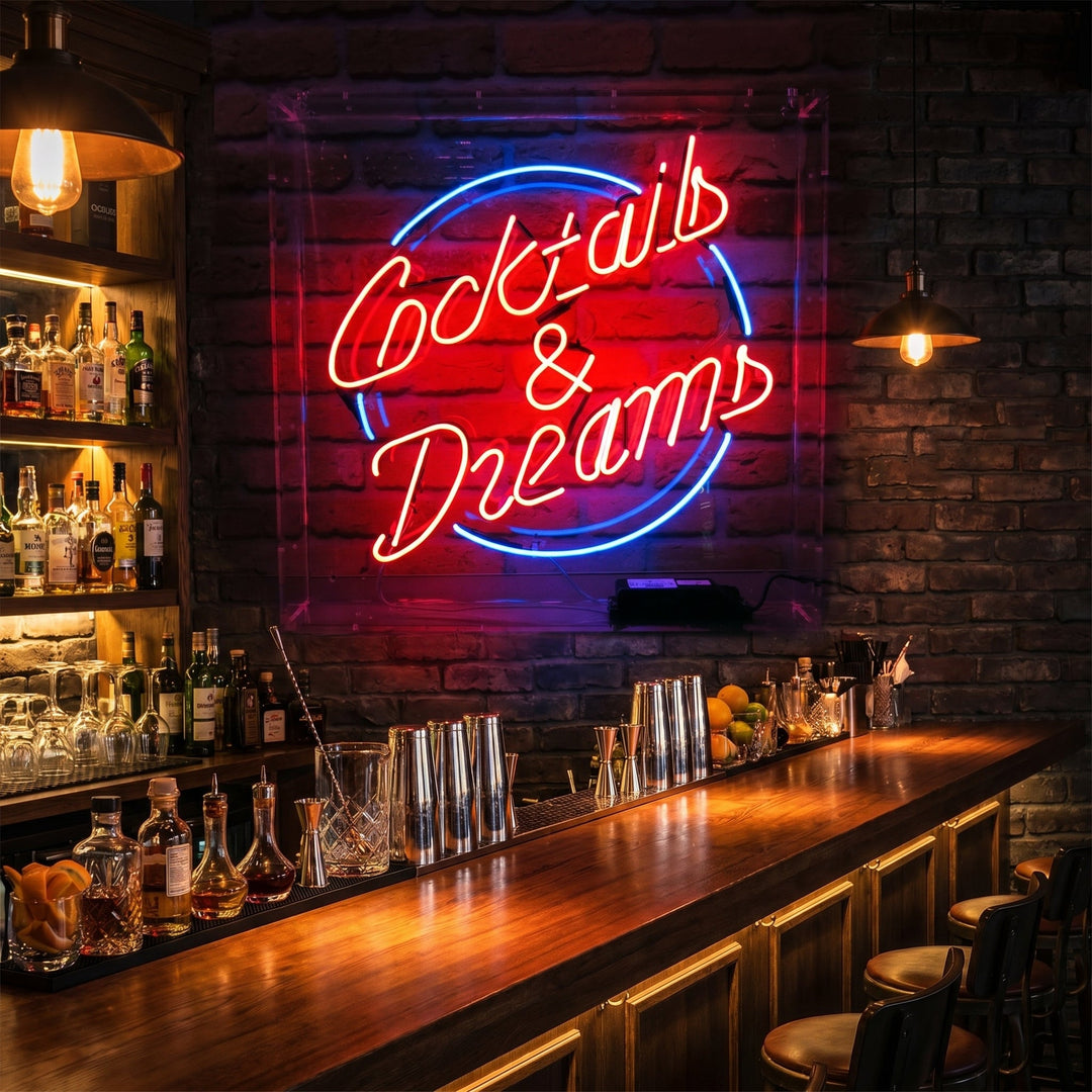 "Cocktails And Dreams" Neonschrift, Cocktailschild, Cocktail Leuchtreklame