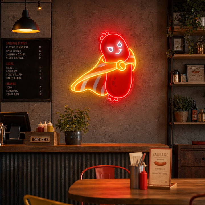 "Süße Wurst Superheld, Essen, Restaurant" UV-bedruckt LED-Neonschild