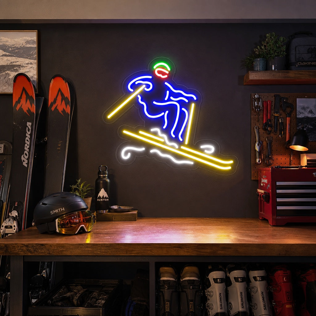 "Skifahrer" Neonschrift, Skifahrer Leuchtreklame, Skifahrer Leuchtschild