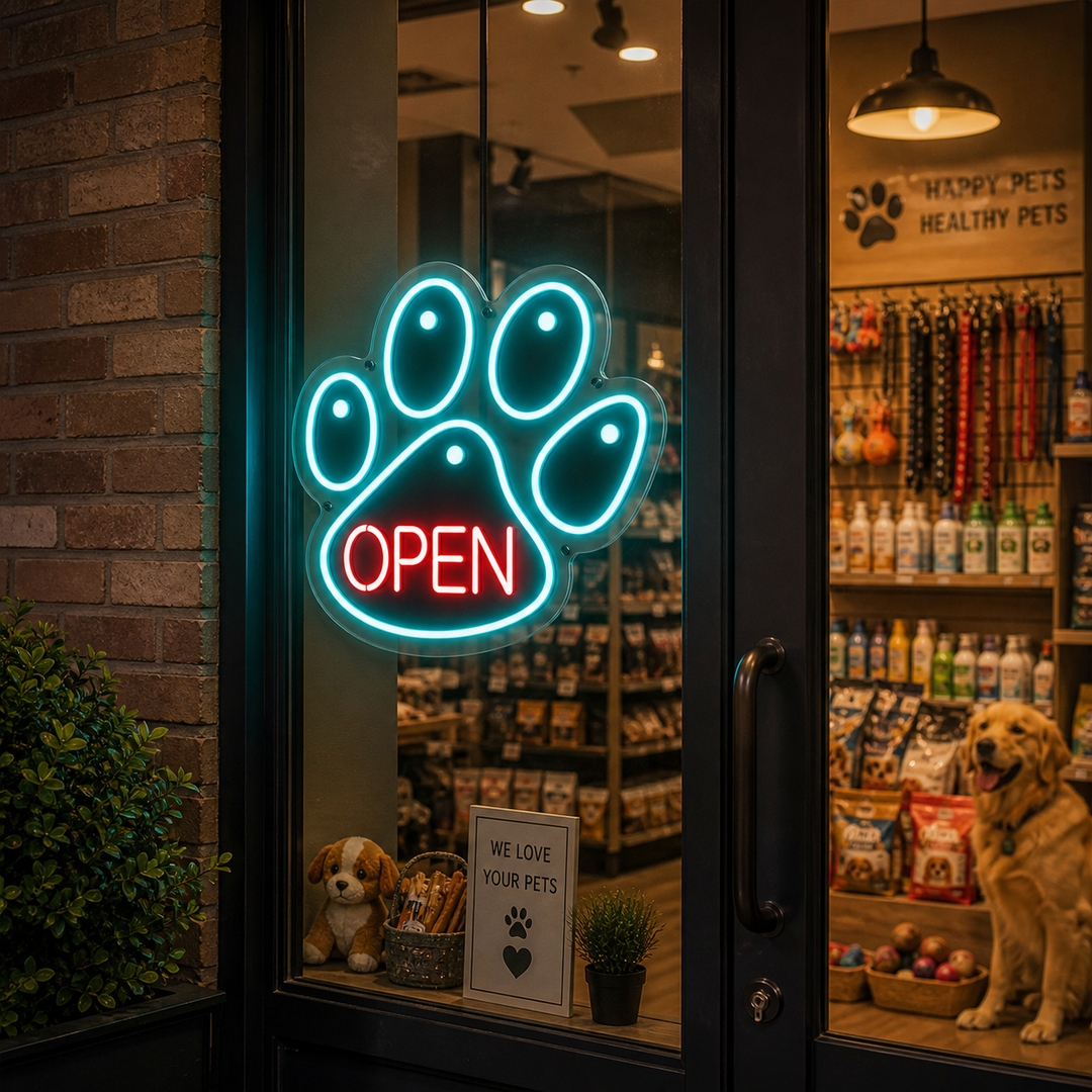 "Hundekralle, Haustier, Hunde-Tierarztpraxis, Offenes Logo" Neonschrift