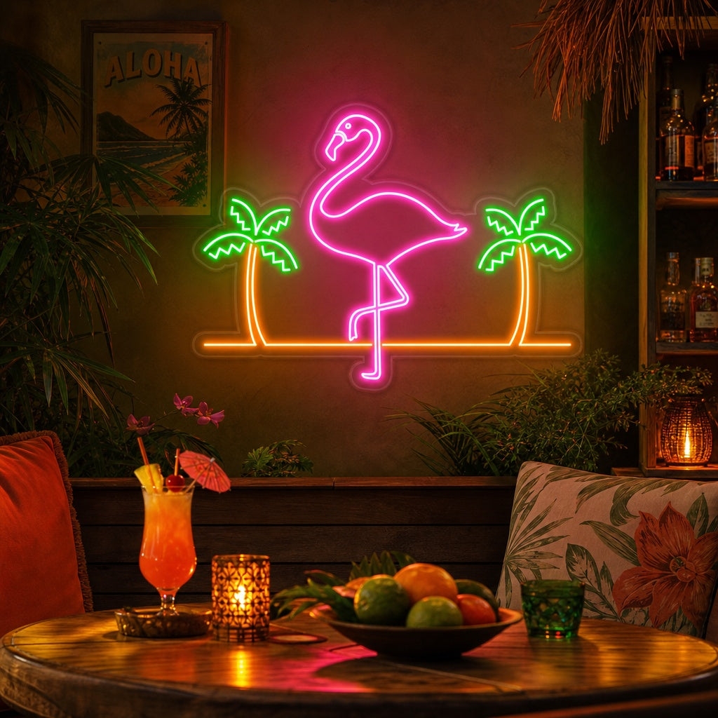 "Flamingo, Palmen" Neonschrift