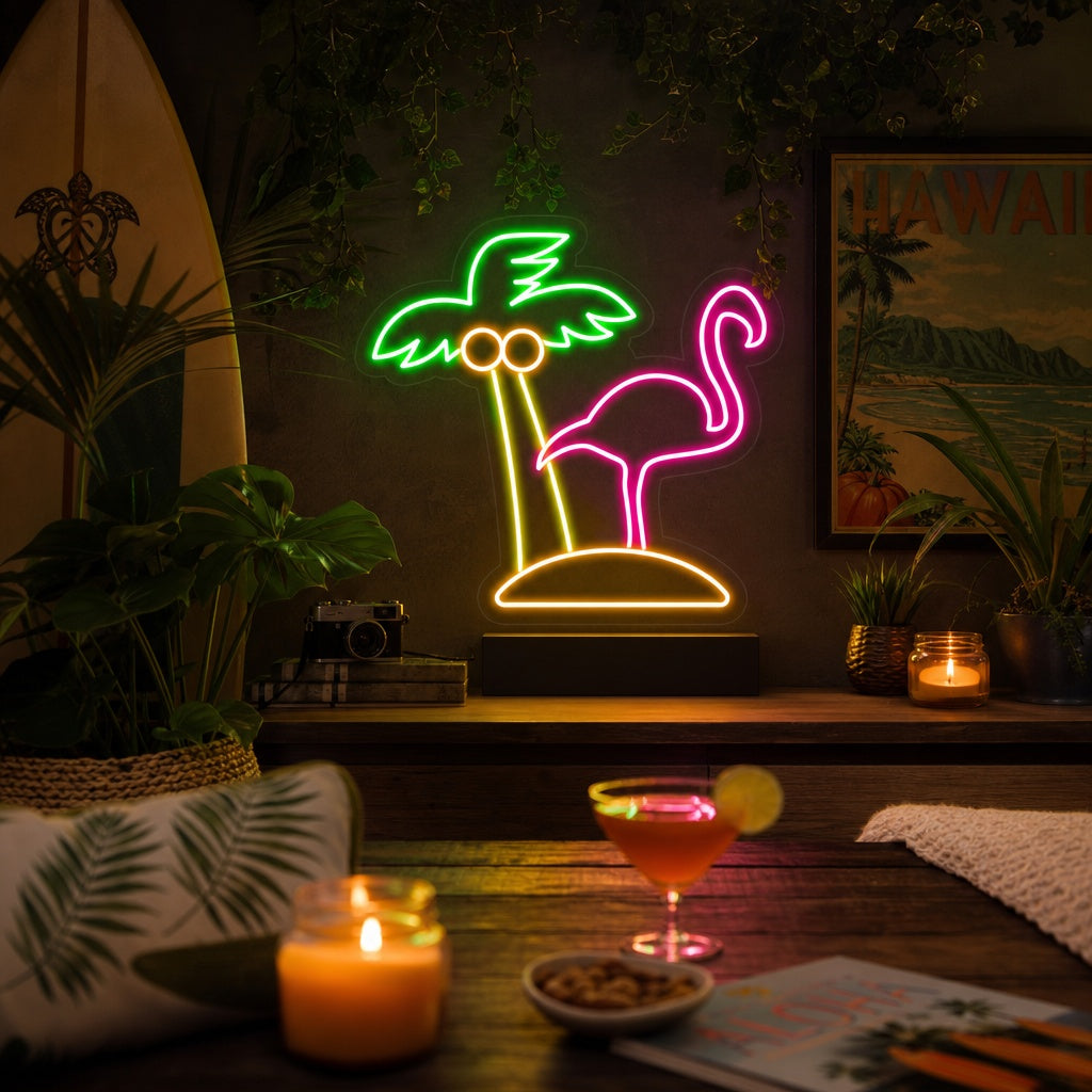 "Flamingo, Palme, Strand" Neonschrift