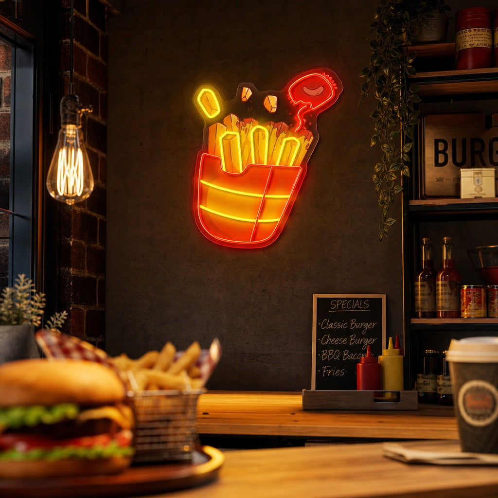 "Pommes Frites mit Chilisauce, Fast Food" UV-bedruckt LED-Neonschild