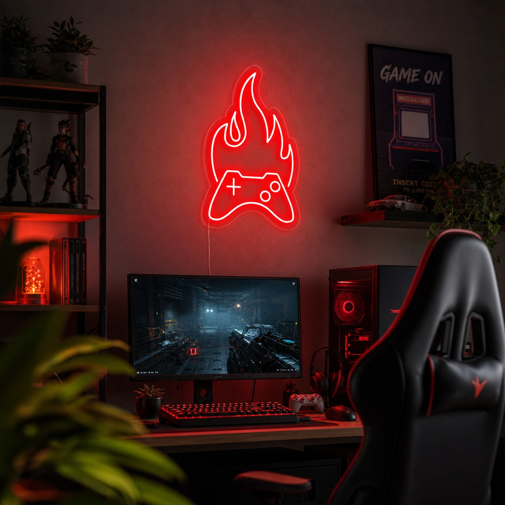 "Gamepad, Feuer, Gamer-Dekor" Neonschrift