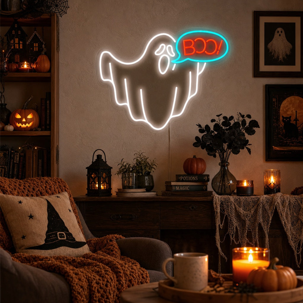 "boo, Geist, Halloween" Neonschrift