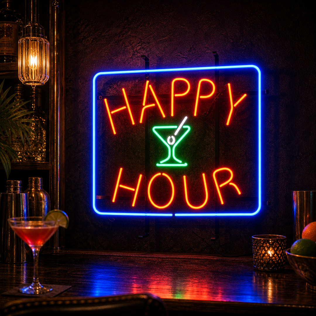"Happy Hour Bier Bar" Neonschrift, Happy Hour Leuchtreklame, Happy Hour Leuchtschild