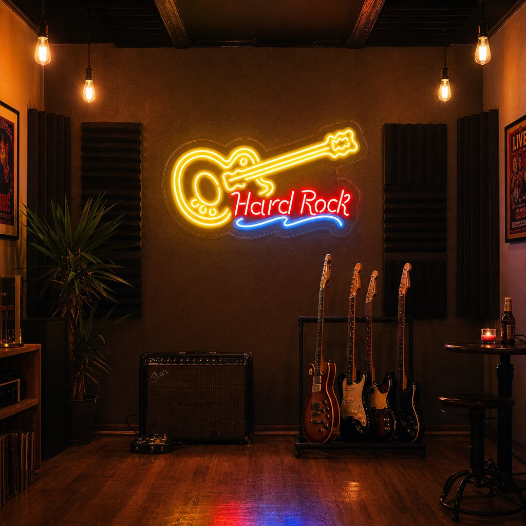 "Hard Rock, Musik, Gitarre" Neonschrift