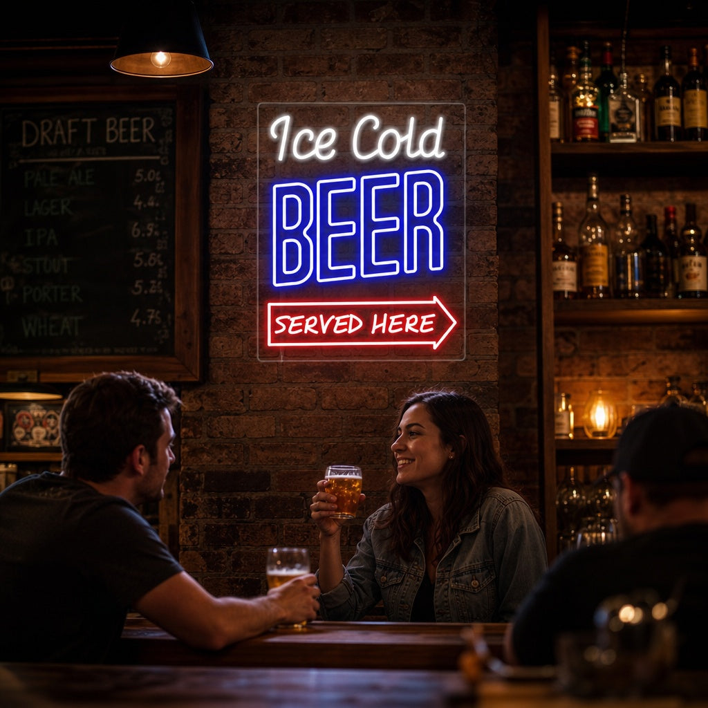 "Ice Cold Beer Served Here Bar" Neonschrift