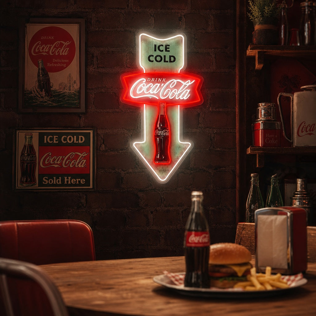 "Ice Cold Coca Cola, Vintage Diner Pfeil" UV-bedruckt LED-Neonschild