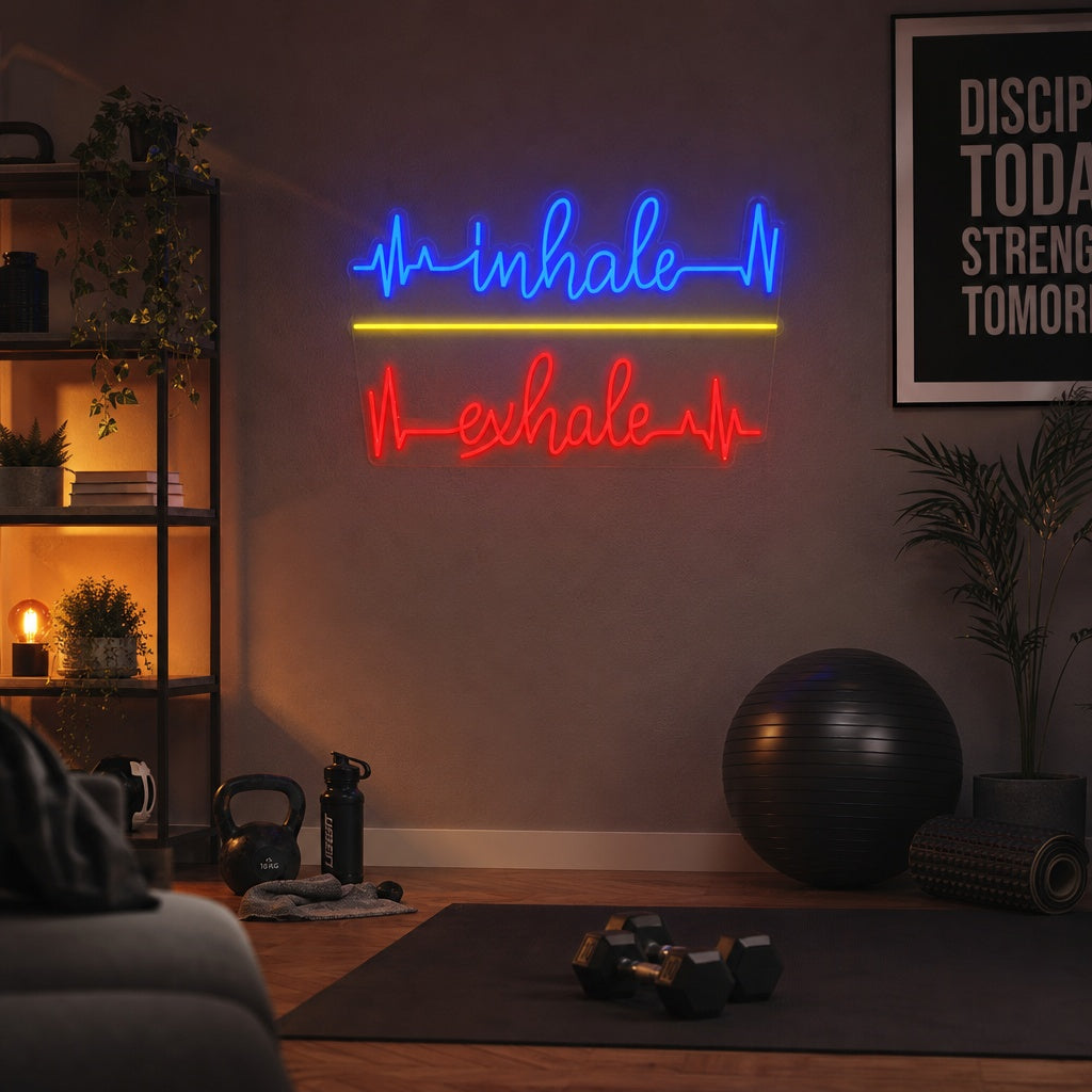 "Inhale Exhale, Herzschlag" Neonschrift