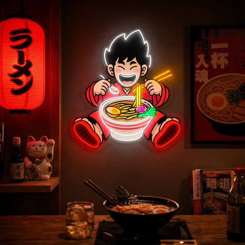 Junge und Ramen-Nudel Neonschild, Japanische Restaurantdekoration