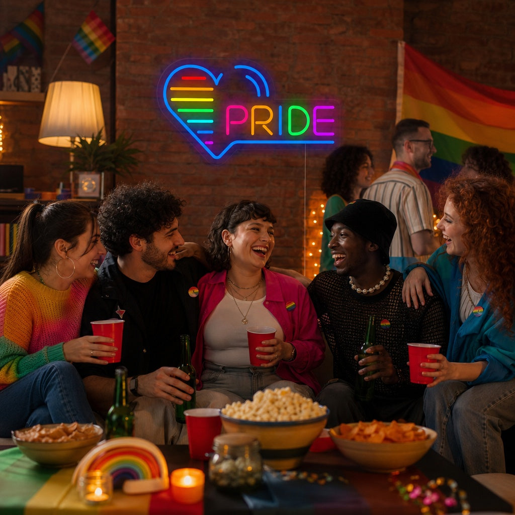 "LGBT, Pride, Herzen" Neonschrift