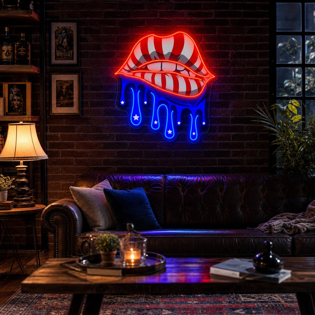 "Lippen mit der amerikanischen Flagge tropfen" UV-bedruckt LED-Neonschild