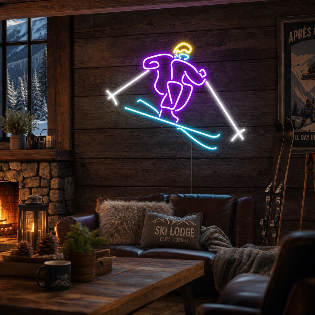 "Skifahrer" Neonschrift, Skifahrer Leuchtreklame, Skifahrer Leuchtschild