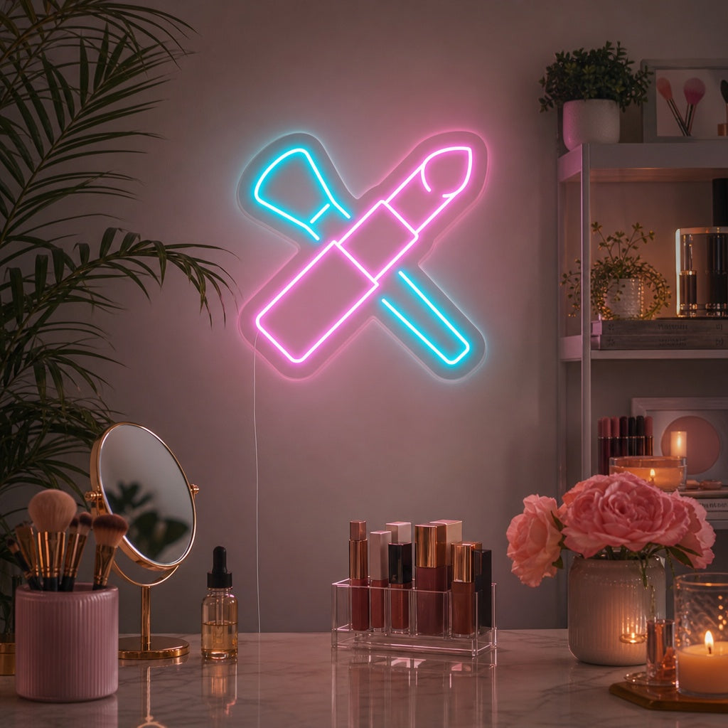 "Make-Up-Pinsel, Lippenstift" Neonschrift