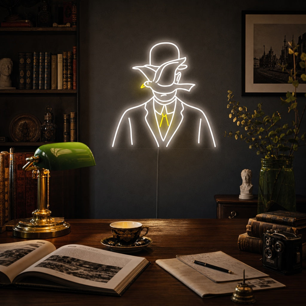 "Mann Mit Bowlerhut Rene Magritte" Neonschrift
