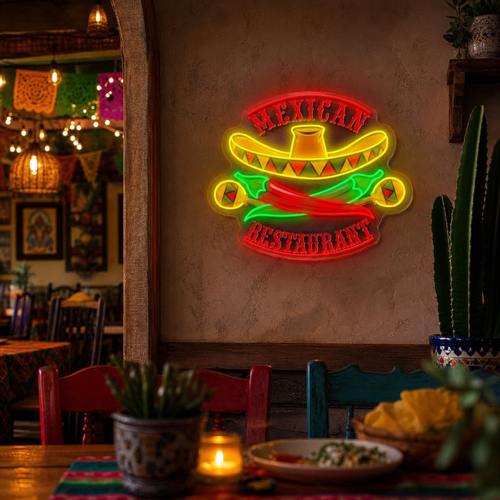 "Mexikanisches Restaurant Sombrero Maracas Pfeffer" UV-bedruckt LED-Neonschild