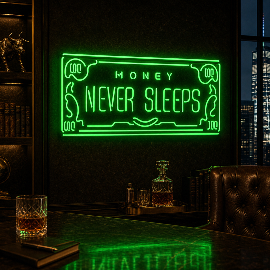 "Money Never Sleeps" Neonschrift