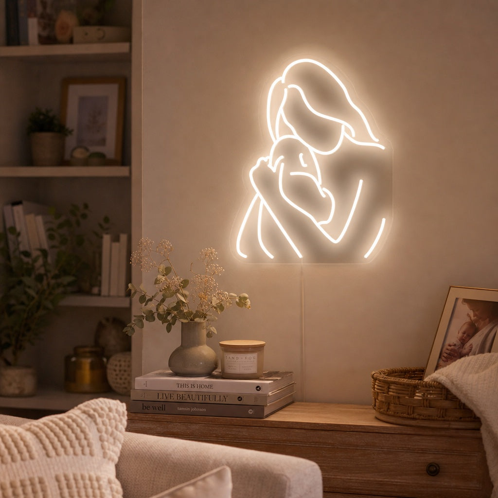 "Mutter Umarmt Baby" Neonschrift
