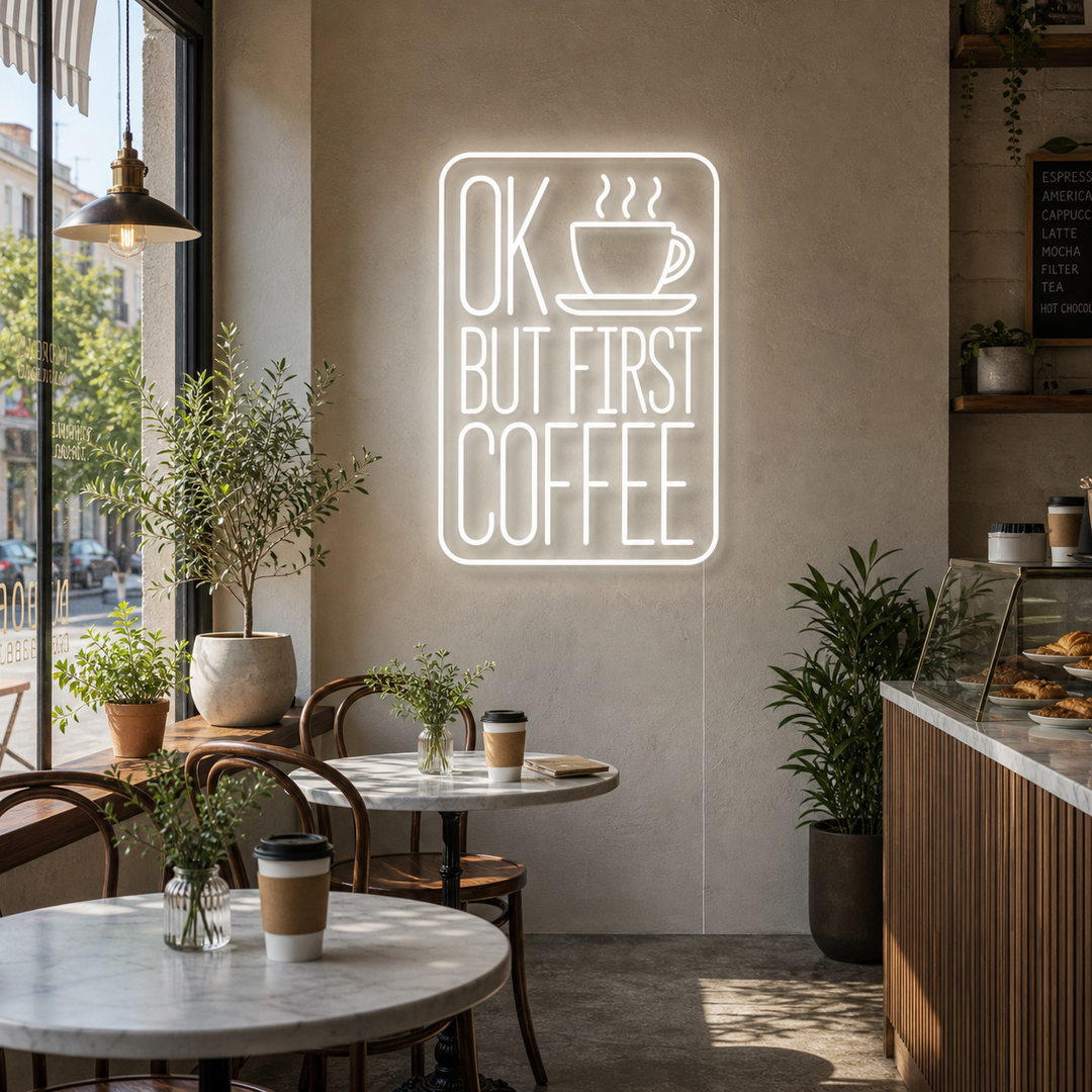 "Ok But First Coffee" Neonschrift