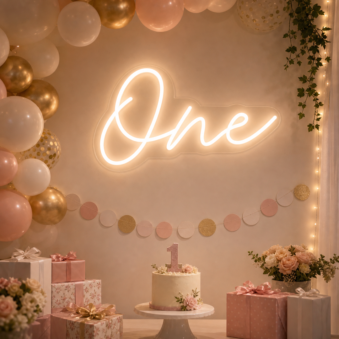 "one, Erste Geburtstagsdekoration" Neonschrift