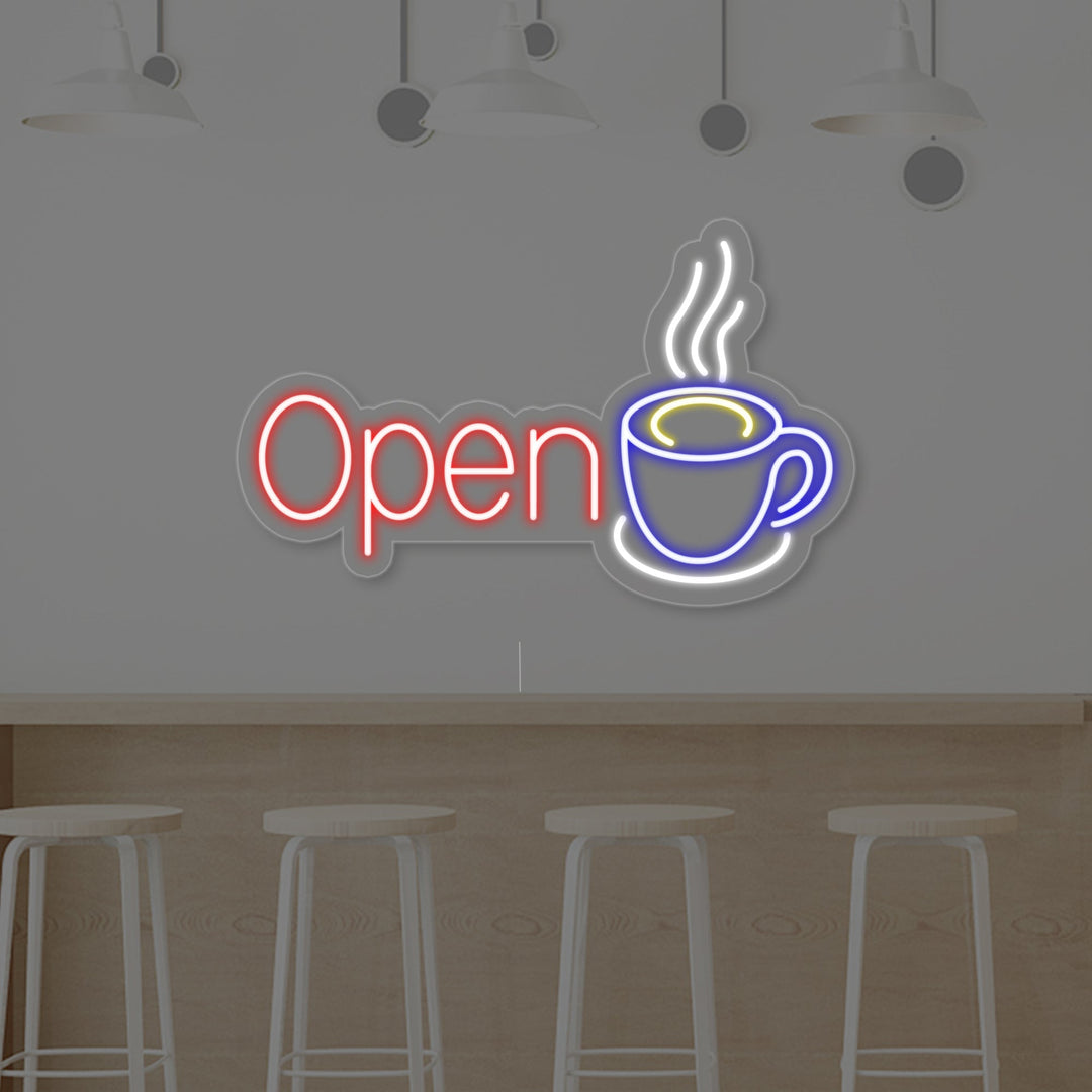 "Open, Kaffeetasse" Neonschrift