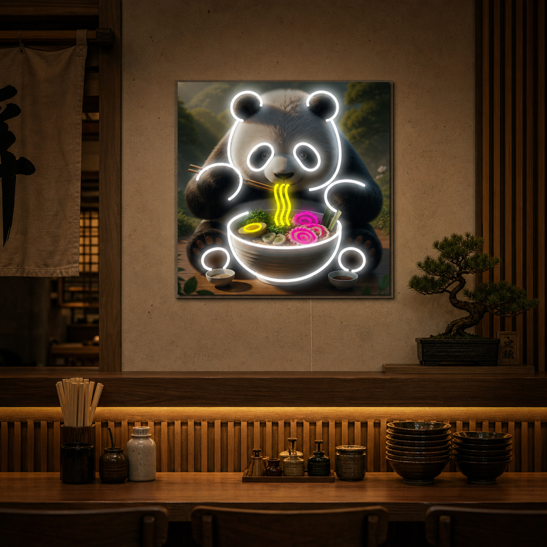 Panda und Ramen Neonschild, Japanische Restaurantdekoration