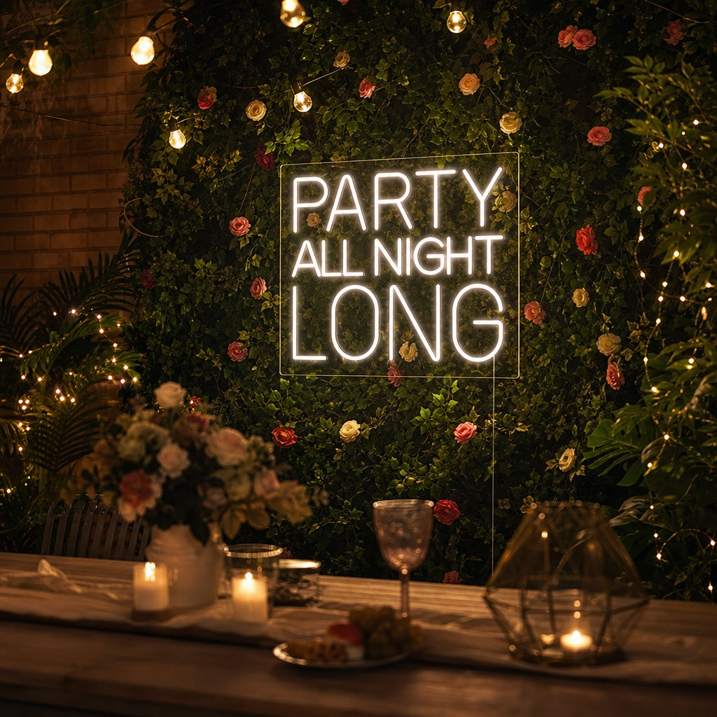 "Party All Night Long" Neonschrift