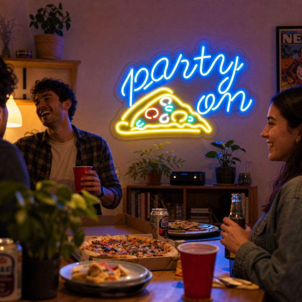 "Party On Pizza" Neonschrift, Pizza Leuchtreklame, Pizza Leuchtschild